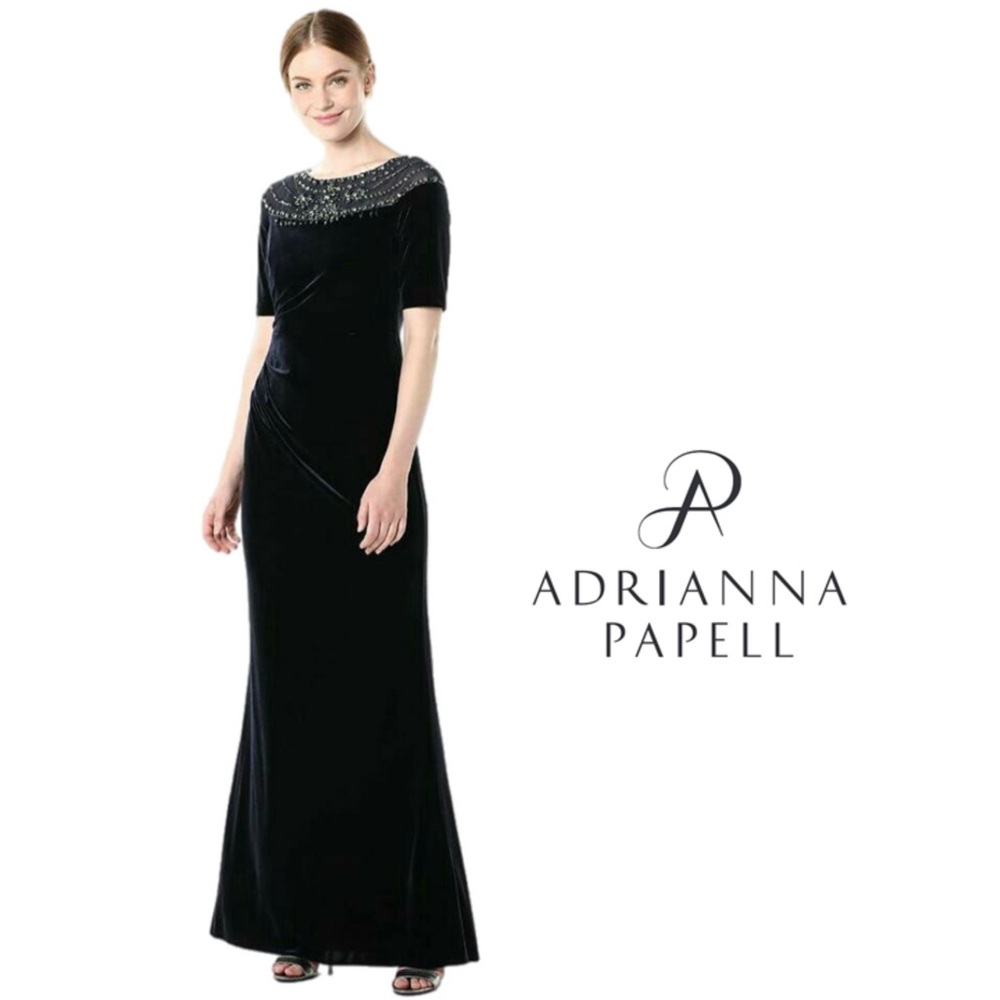 NEW Adrianna Papell Midnight Navy Velvet Beaded Gown
